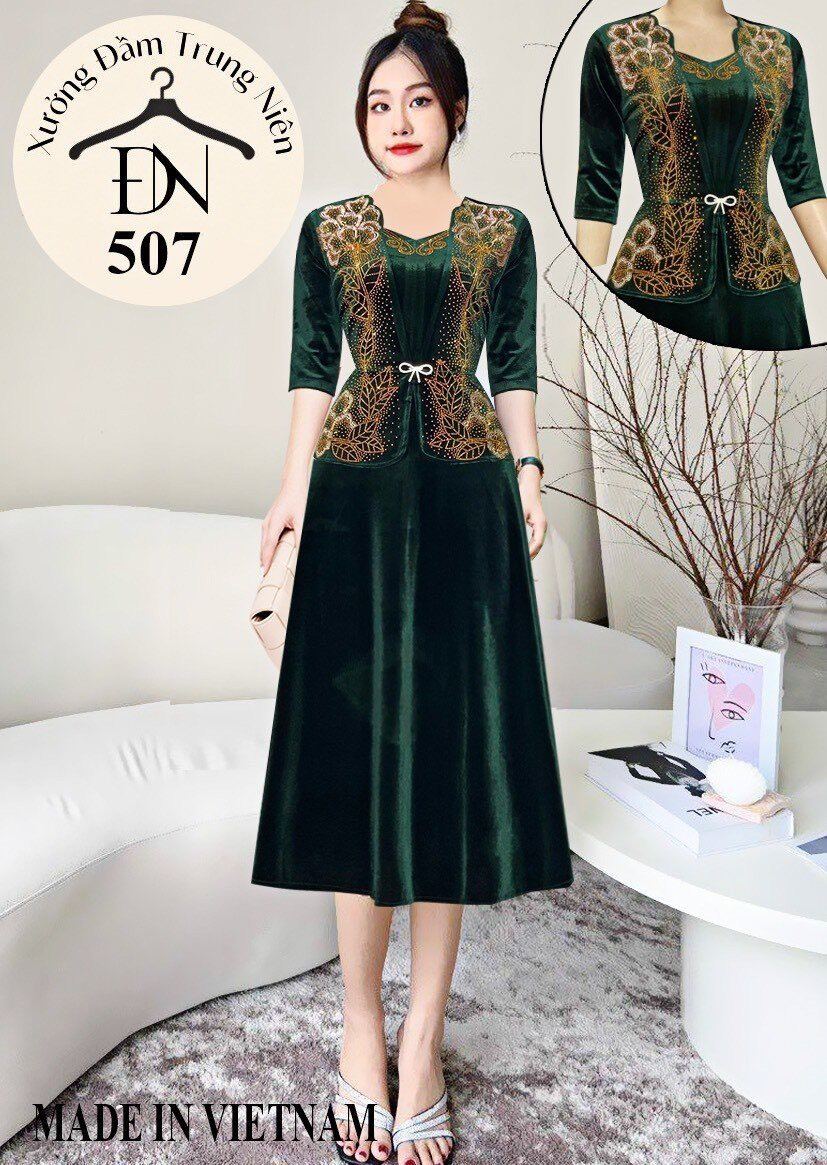 Đầm Nhung ép đá cao cấp tay lỡ