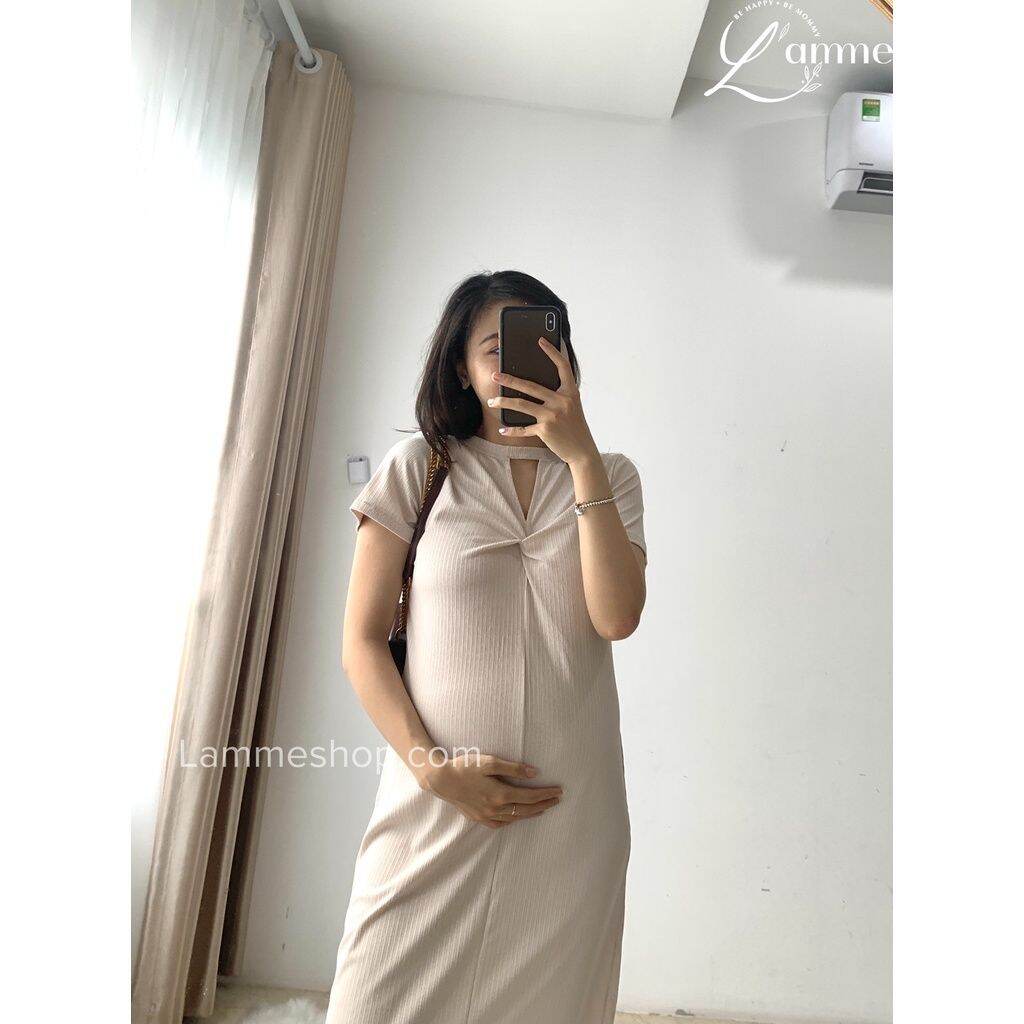Váy bầu cotton tăm dáng xuông, mặc đc 2 kiểu trước và sau, 1 mặt cổ tim, 1 mặt xoắn ngực By Lamme