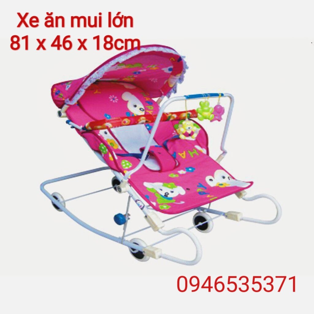 Có mui, mùng và đồ chơi - Size lớn - Xe nằm đẩy, nhún ăn bột hiệu Hoàng Thành cho bé