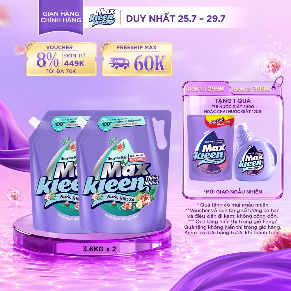 Combo 2 Túi Nước Giặt Xả MaxKleen Thiên Nhiên 3.6kg/túi