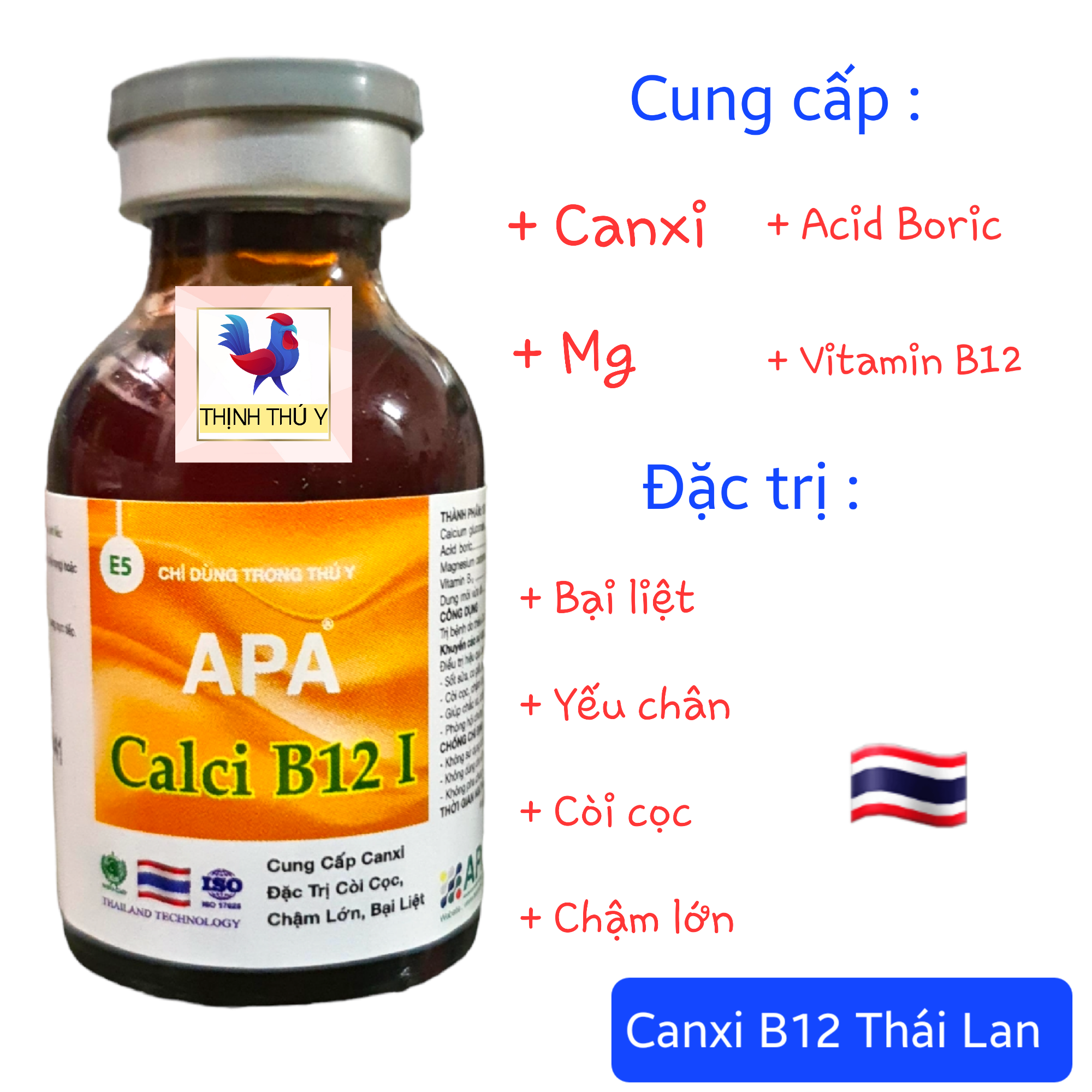 Canxi + B12 Thái Lan (20ml) - Phòng ngừa bại liệt, yếu chân, còi cọc, bổ máu cho gà đá (Hàm lượng cao)