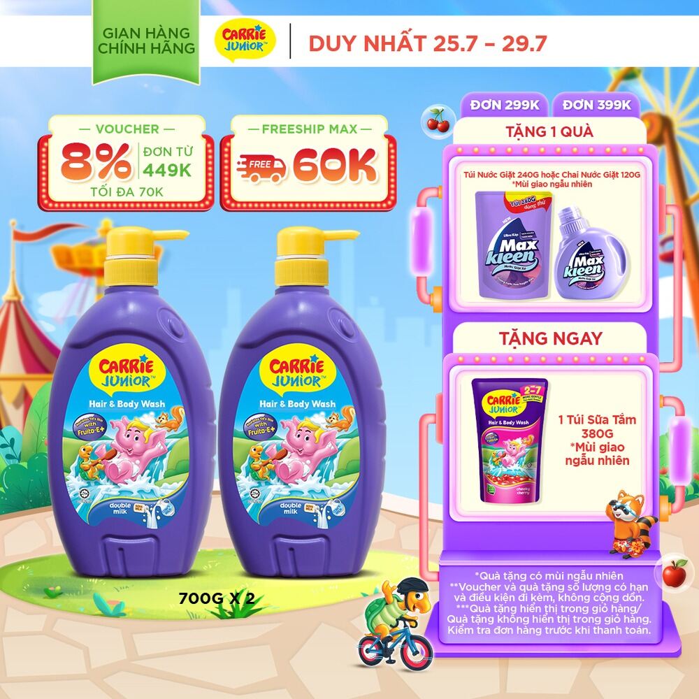 Combo 2 Sữa Tắm Gội cho bé Carrie Junior chiết xuất trái cây thiên nhiên Hương Tinh Chất Sữa(700g/chai)