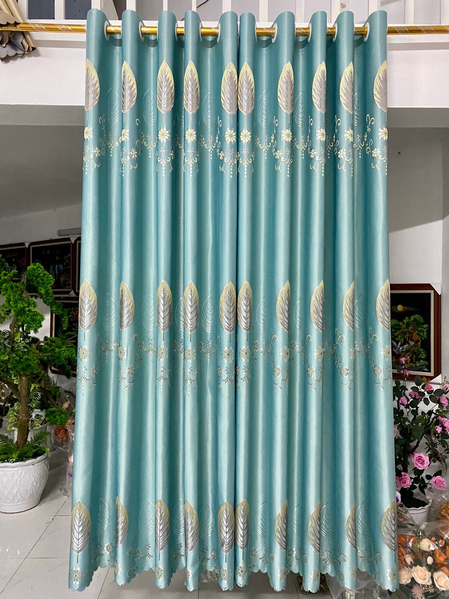 Rèm cản sáng, cản nắng, rèm cửa sổ, cửa chính, rèm gấm thêu lá hoa, rèm xanh cốm