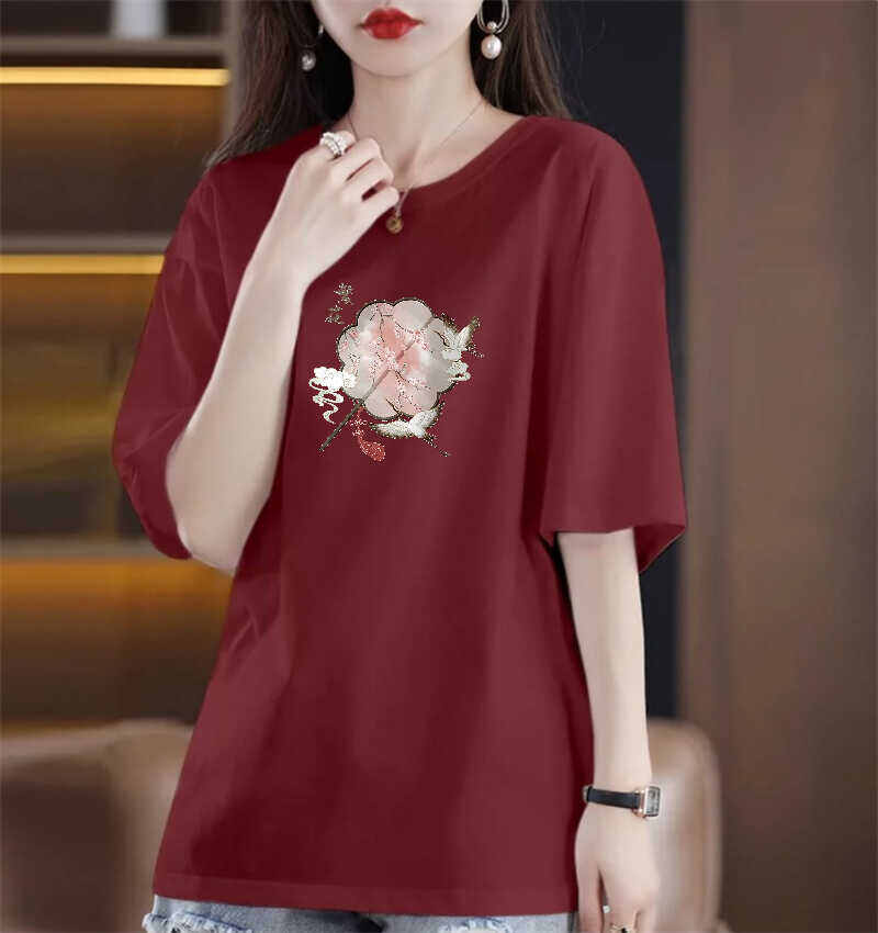 Áo Thun Nữ Tay Ngắn Phong Cách Trung Quốc, Áo Thun in Họa Tiết Mùa Hè, Cổ Tròn, Dài Vừa Phải, Thường Ngày, Tay Ngắn, Trung Tính