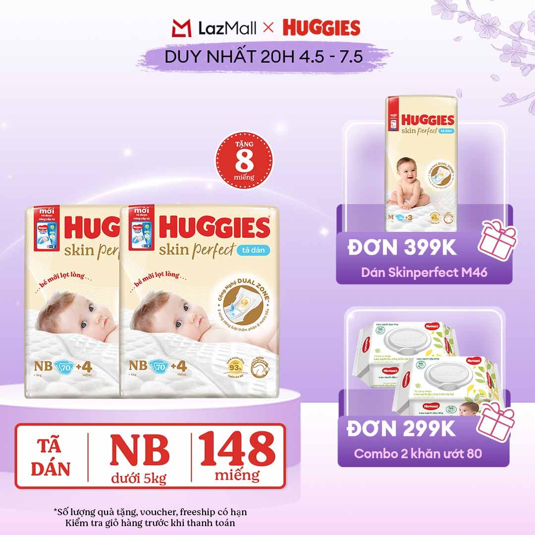 [CHỈ 20h 04-07.05 QUÀ TẶNG ĐƠN 0Đ]  Combo 2 Tã/bỉm dán sơ sinh Huggies Skin Perfect NB70 với 2 vùng thấm giảm kích ứng da (tặng miếng thay đổi theo từng đợt)