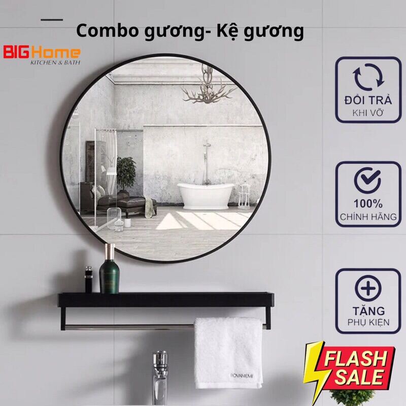 Gương treo tường màu đen và kệ có thanh vắt khăn, kiểu dáng gương tròn, nhựa pvc dày nặng màu đen kh