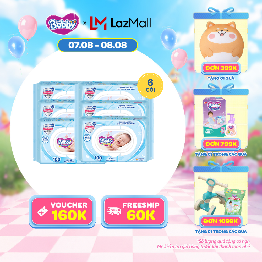 [20g 7-10.8 QUÀ TO]Combo 6 gói khăn ướt Bobby Care không hương 100 miếng/gói