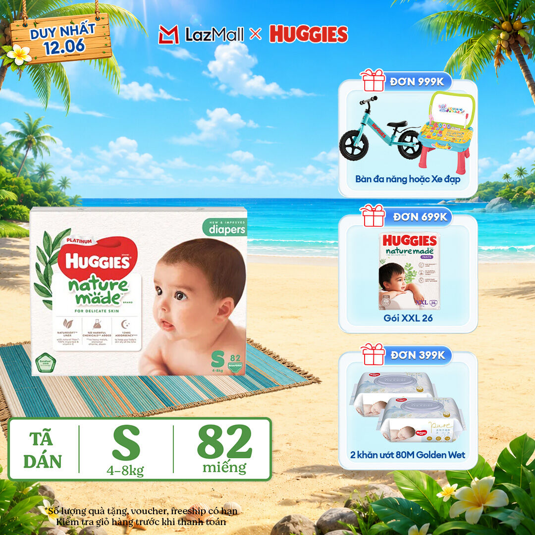 Tã/Bỉm dán sơ sinh Huggies Platinum NatureMade S82 (4-8kg)-Gói Super Jumbo 82 miếng