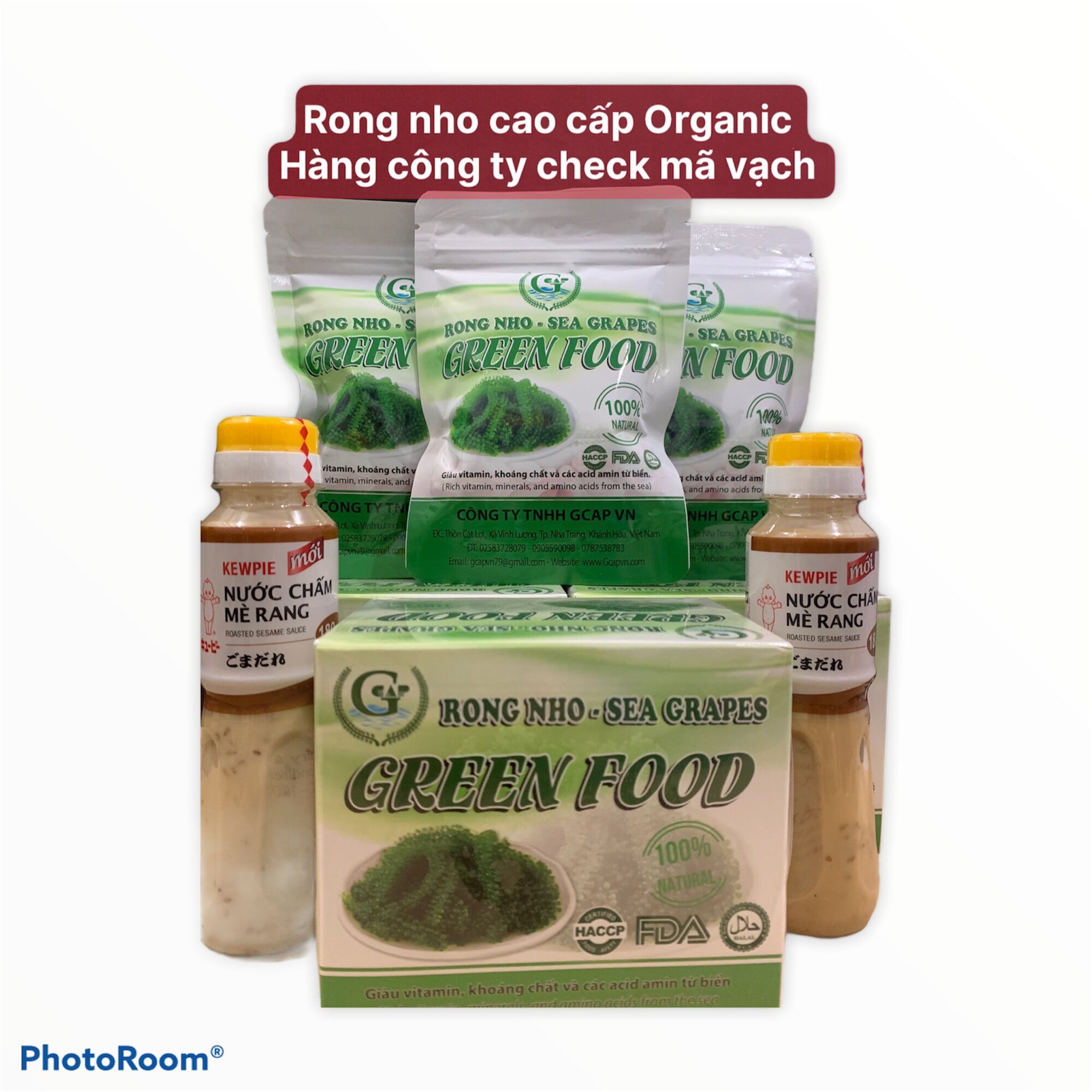 Nguyên Hộp 200gr( 10 túi) Rong nho tách nước Green Food cao cấp + Tặng kèm 1 chai sốt mè 180ml