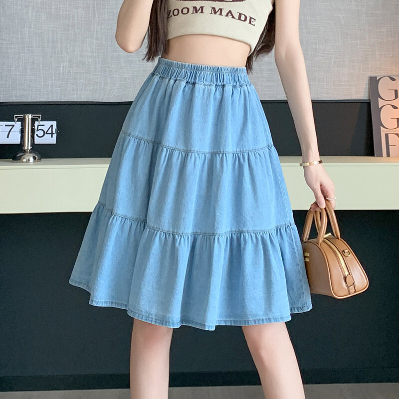 Váy Mini Denim Cạp Cao Chữ a Xếp Ly Dài Vừa Phải Mùa Hè Cho Nữ Váy Midi Chữ a Xếp Ly Cạp Cao Ô Dù Co