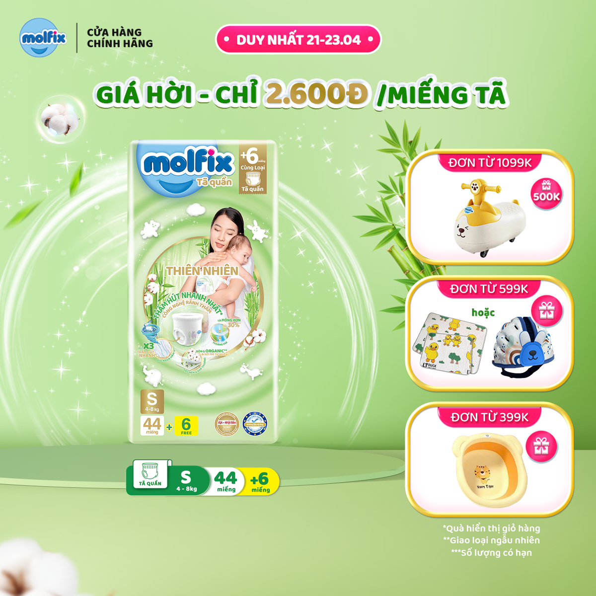 Tã/bỉm quần Molfix Thiên nhiên Jumbo S (4kg - 8kg) - Gói 44+6 miếng