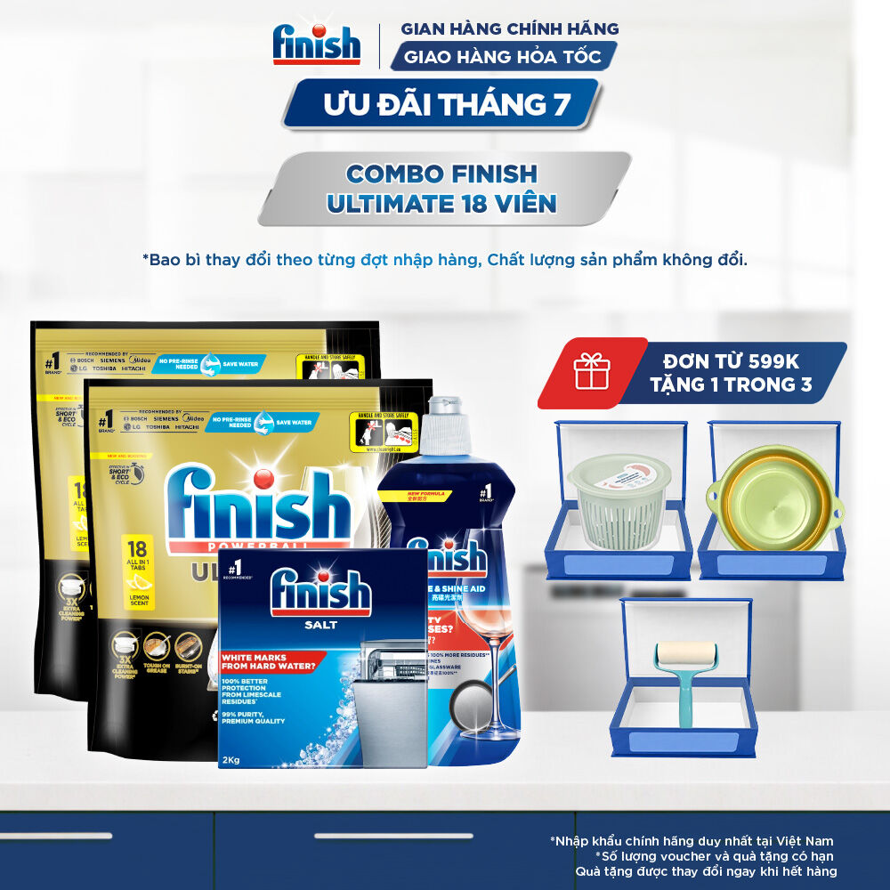 Combo 2 Túi rửa chén Finish Ultimate 18 viên + Nước làm bóng Finish 500ml + Muối rửa chén Finish 2kg
