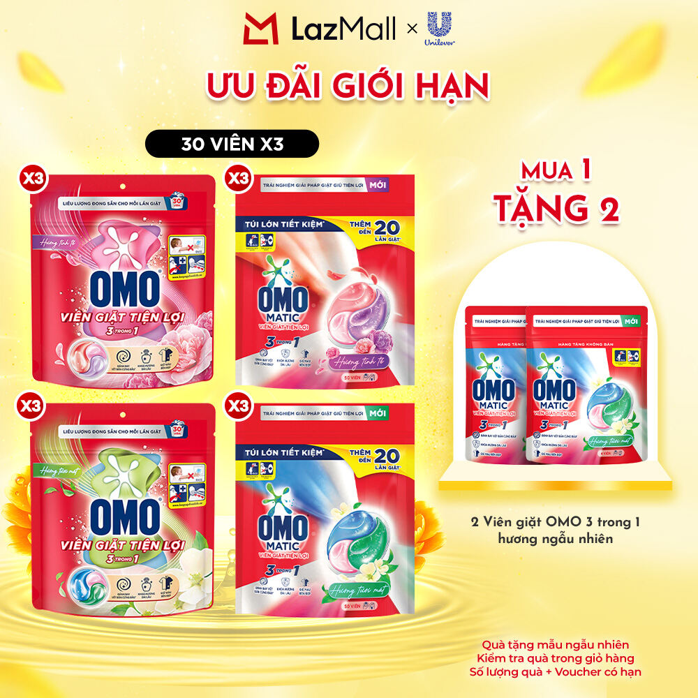 Combo túi viên giặt tiện lợi OMO 3 trong 1 Hương Tinh Tế/Tươi Mát 30-50 viên/túi (bao bì tùy lô nhập hàng)
