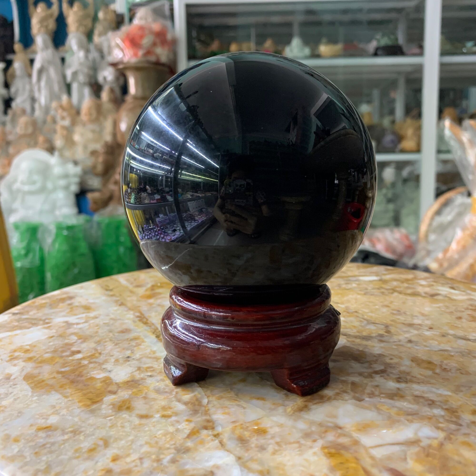 Quả cầu, bi cầu phong thuỷ đá thạch anh đen có tặng kèm đế - đường kính 10cm