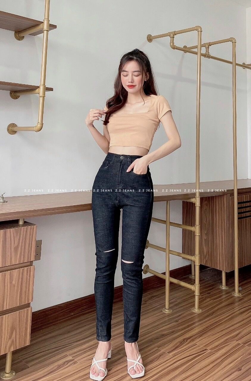 Jeans dài lưng cao co giãn rách