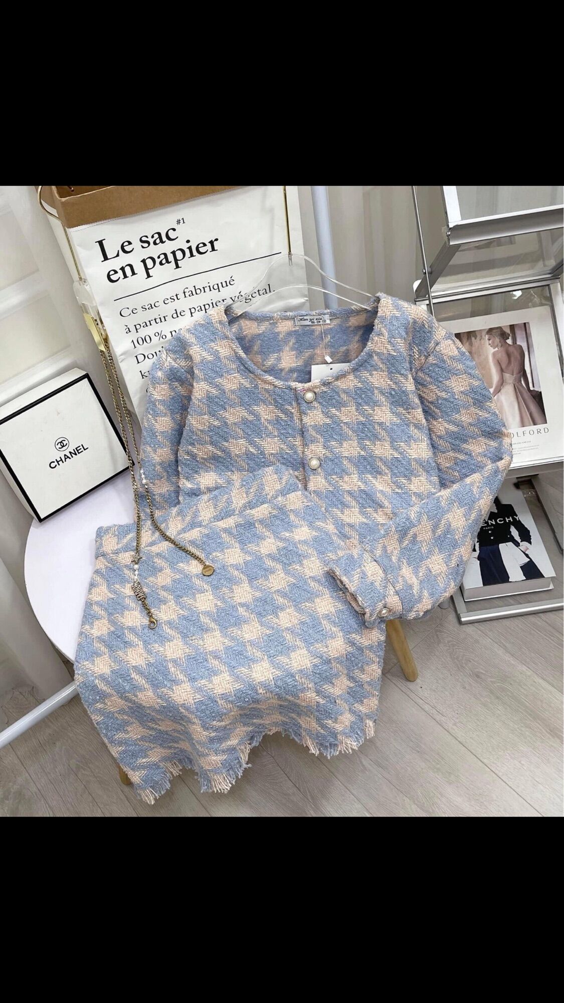 Set dạ lông thỏ kẻ caro xanh siêu hot