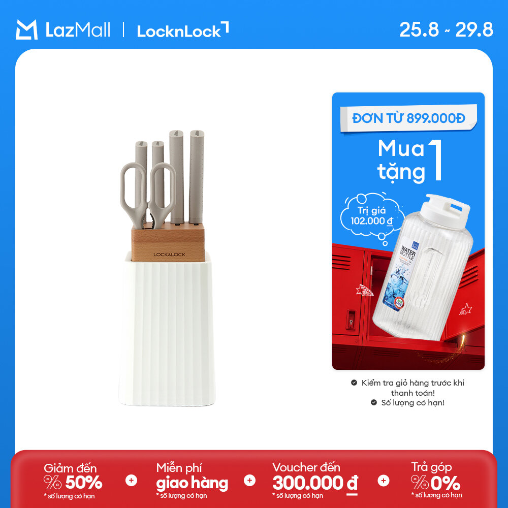 Bộ dao 6 món lock&lock - màu trắng - ckk802 - thép không gỉ sắc bén, có kí hiệu trên cán dao