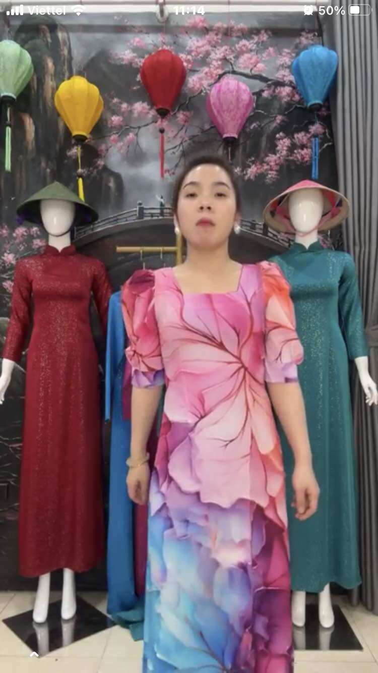 ÁO DÀI CỔ VUÔNG TAY BỒNG HOA 5D tím