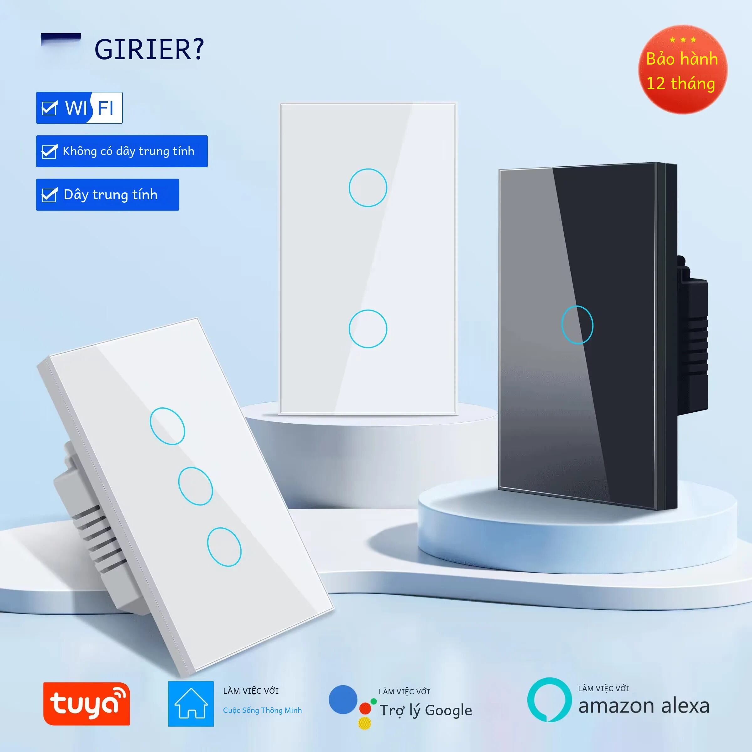 Công tắc cảm ứng Wifi thông minh Girier 1/2/3 Công tắc đèn Gang 100-240v Tương thích với Alexa và Google Smart Home Automation