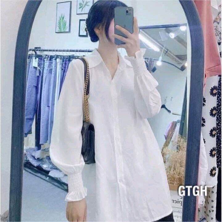 Áo sơ mi form dài tay giún phong cách Hàn Quốc