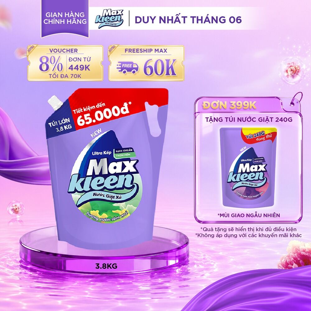 Túi Nước Giặt Xả MaxKleen 3.8kg/ 3.6kg (Huyền Diệu/ Hoa Nắng/ Vườn Sớm Mai/ Thiên Nhiên)