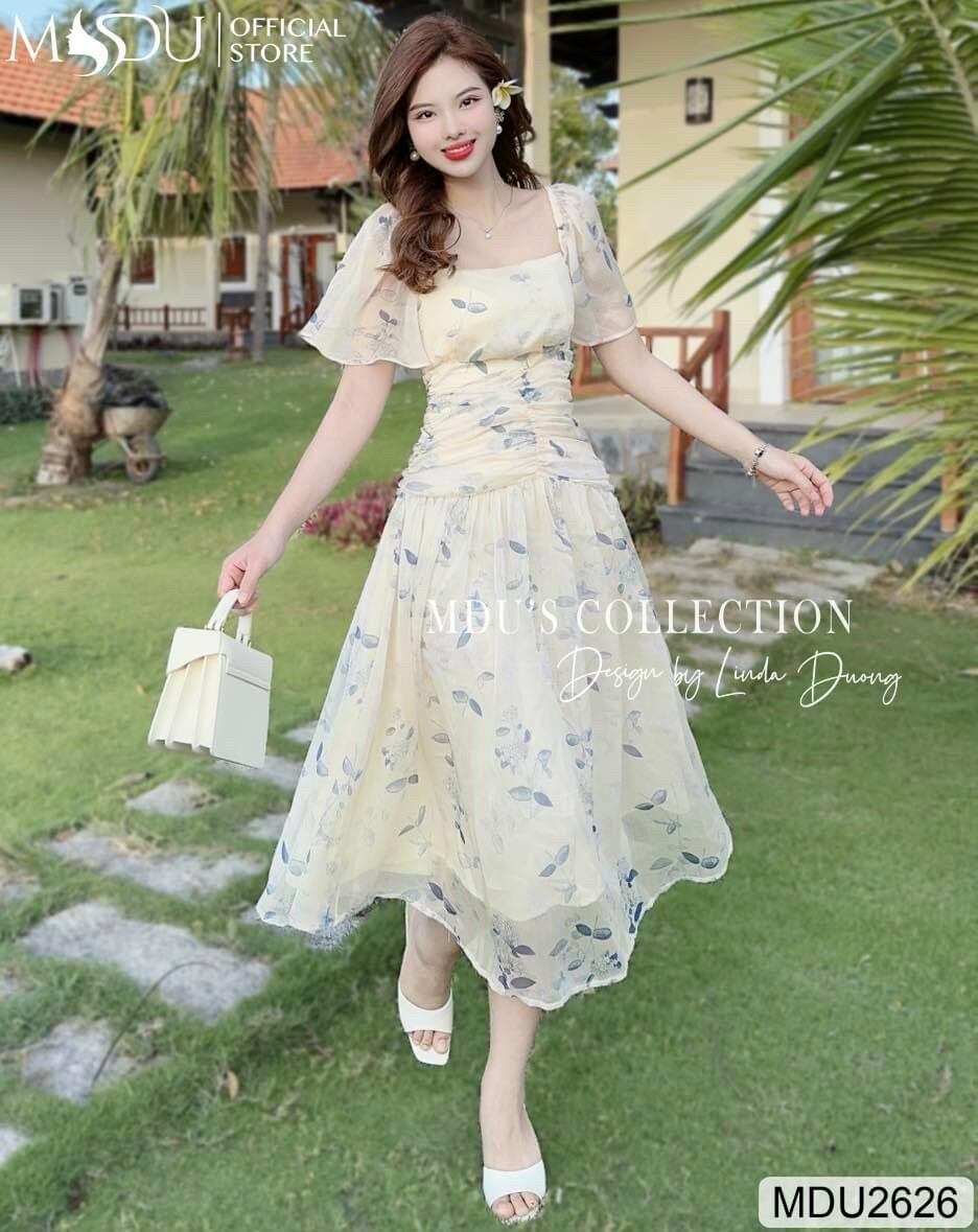 đầm voan hao tay xoè xếp ly eo ( có mút)
