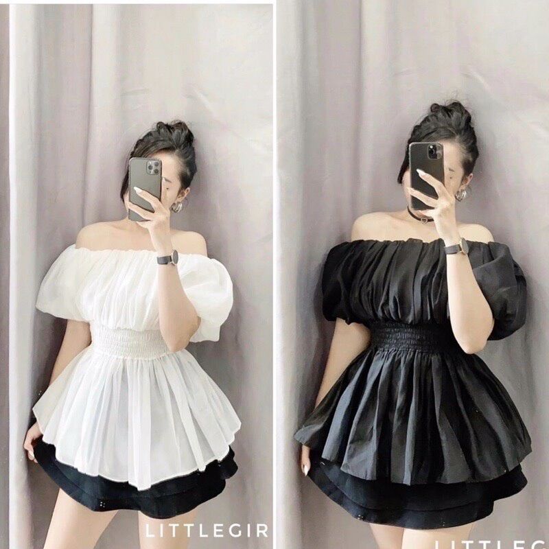 Áo bẹt vai tay bồng nhún eo xinh b18