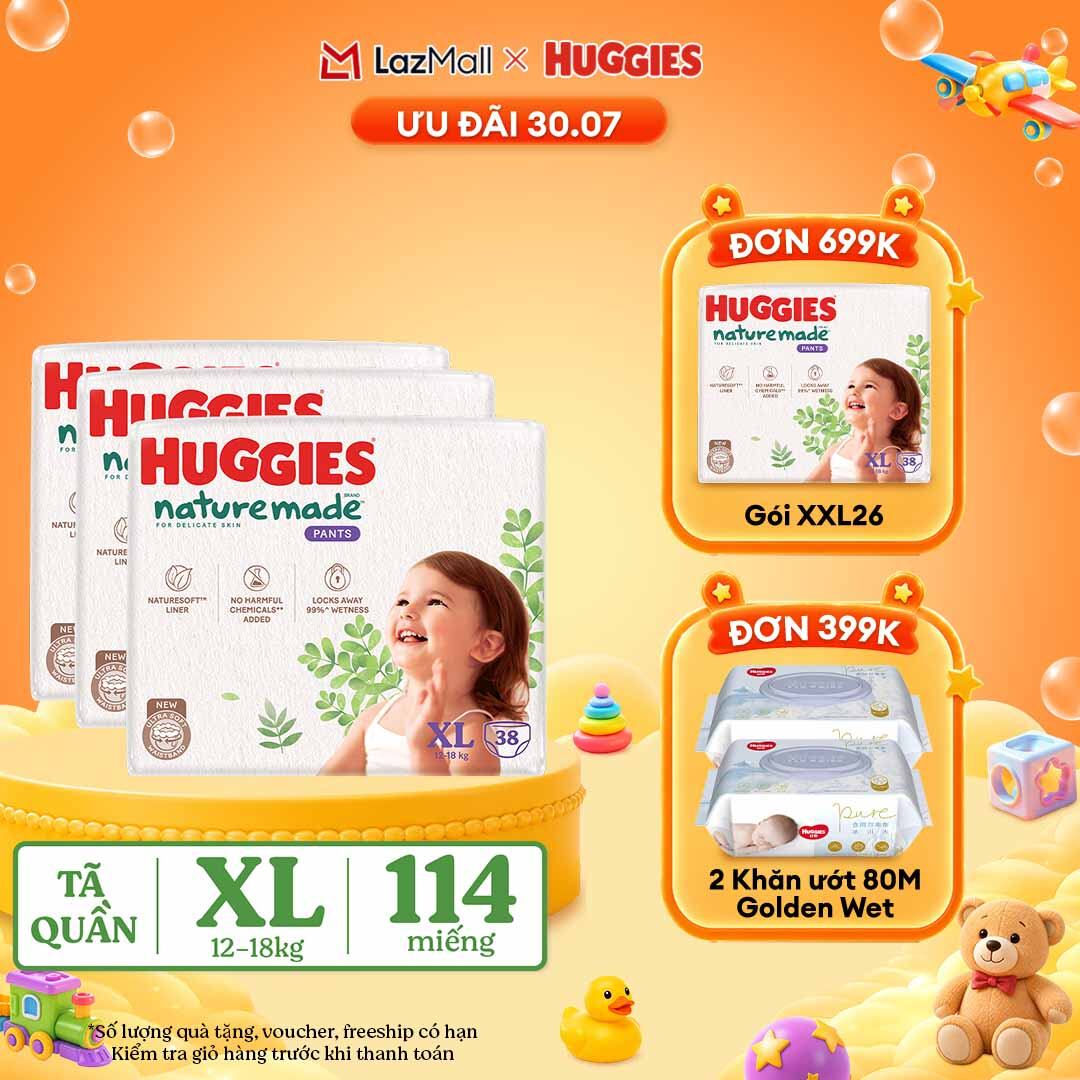 [30.7 QUÀ TẶNG ĐƠN 399K] Combo 3 Tã/Bỉm quần HUGGIES PLATINUM NatureMade XL38 (12-18kg)-Gói Jumbo 38 miếng