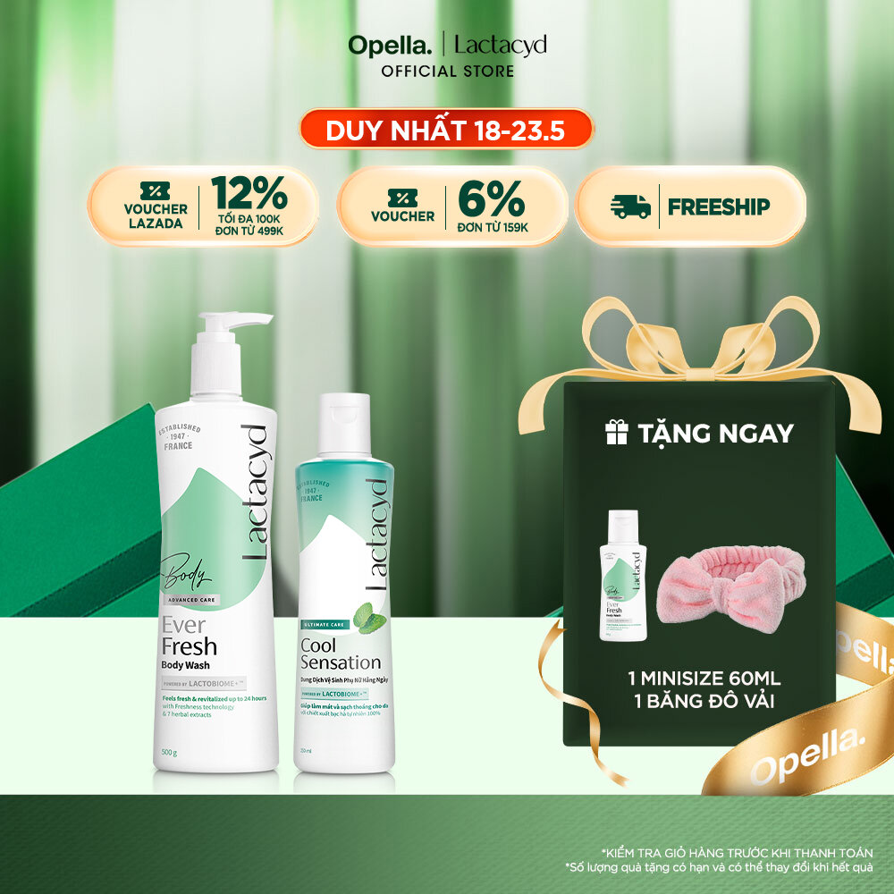 Bộ 1 Sữa tắm Lactacyd Ever Fresh mang lại làn da thơm mát và tràn đầy sức sống đến 24 giờ + 1 DDVS phụ nữ Lactacyd Cool Sensation 250ml Mát Lạnh  Sạch Thoáng Dài Lâu