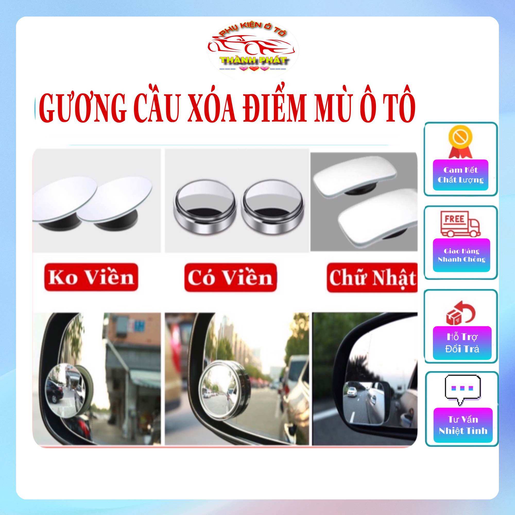 Bộ 2 gương cầu lồi xóa điểm mù gắn kính hậu ô tô xe hơi xoay 360 độ - Gương cầu lồi chính hãng 3R