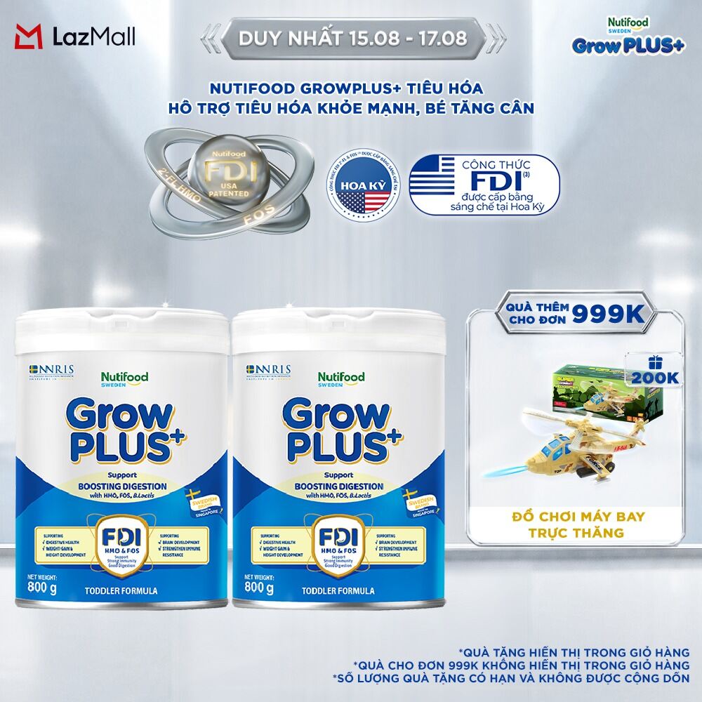 Combo 2 Sữa bột Nutifood Sweden GrowPLUS+ Tiêu Hóa (Xanh Nhạt) - Hỗ trợ tiêu hóa khỏe mạnh, bé tăng cân (Lon 800g)