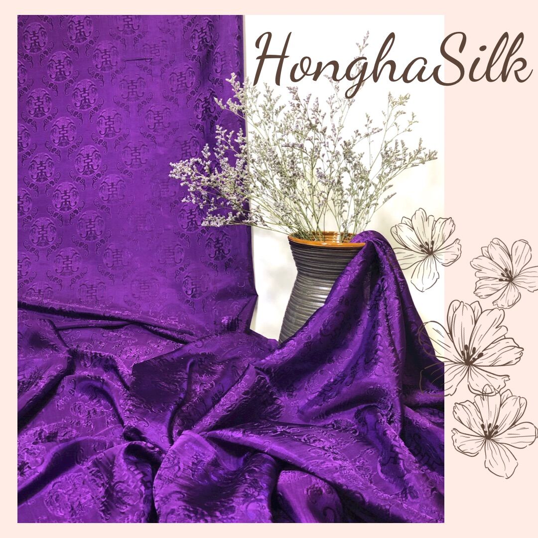 Vải lụa Tơ Tằm hoa Thọ Dơi tím may áo dài -Khổ 90cm- Lụa Hồng Hà