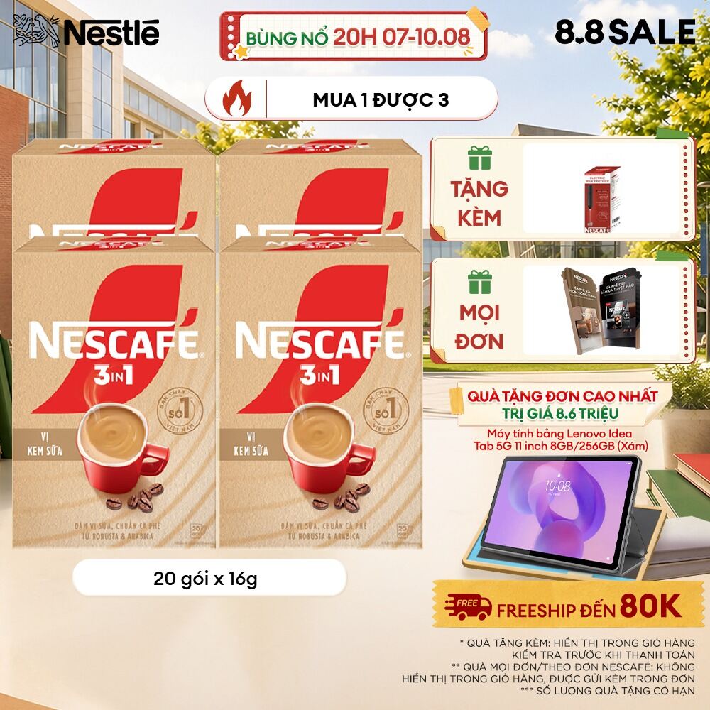 [ƯU ĐÃI THÁNG 8] Combo 4 Hộp Cà phê hòa tan NESCAFÉ 3IN1 VỊ KEM SỮA 20 gói