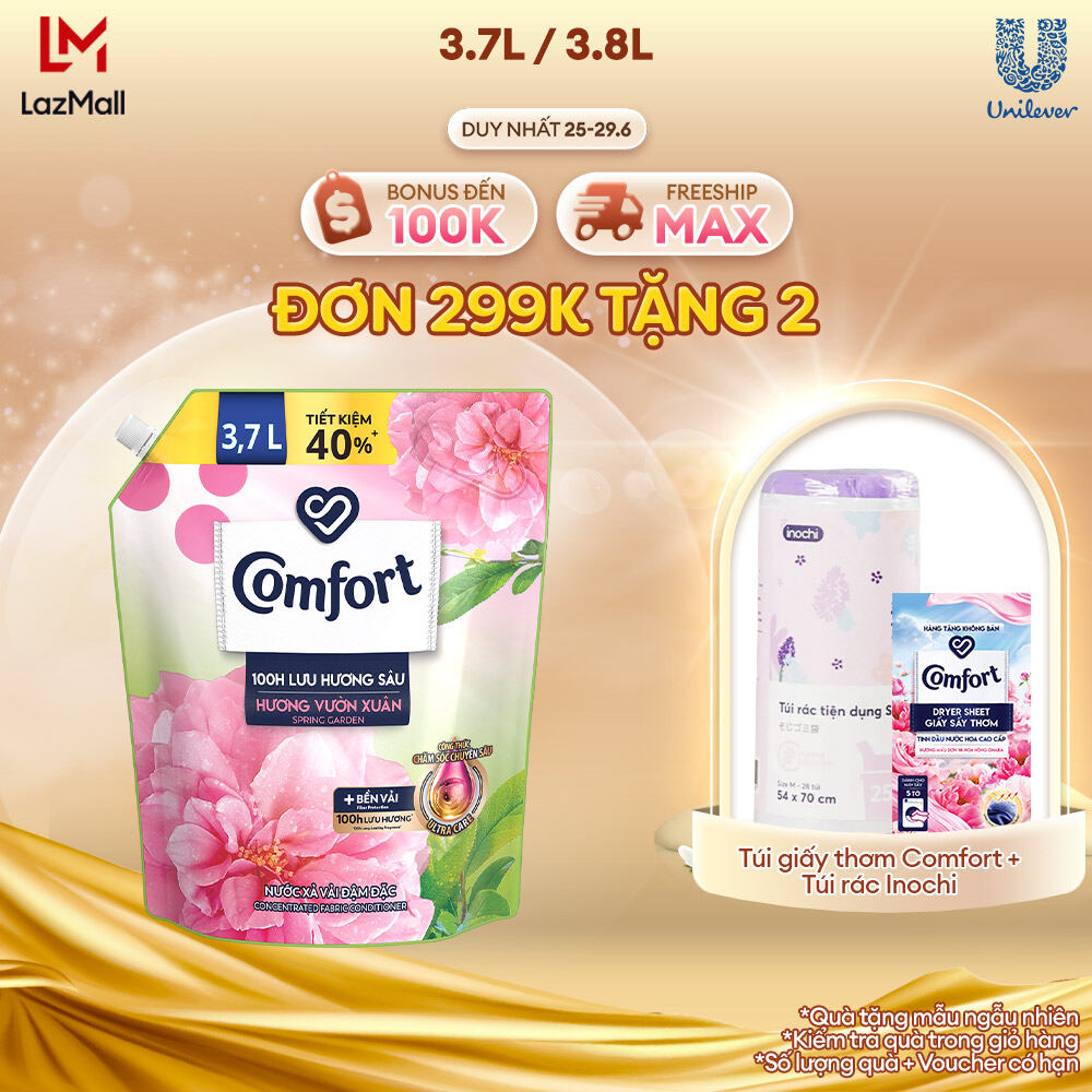 Nước Xả Vải Comfort Đậm Đặc 100H Lưu Hương Sâu Hương Vườn Xuân Túi 3.8L