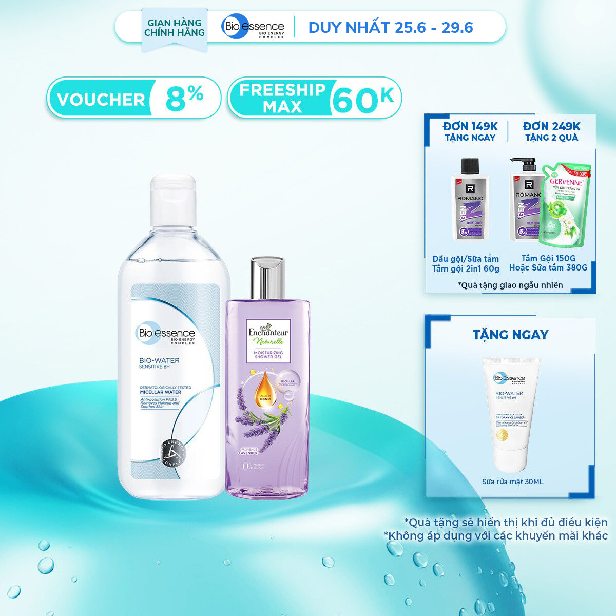 Nước tẩy trang ẩm mượt mịn màng Bio-Essence BioWater Micellar 400ml + tặng kèm chai Sữa tắm Enchanteur naturelle 250g (mùi ngẫu nhiên)
