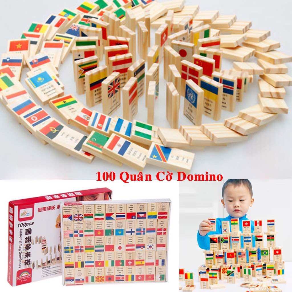 Đồ chơi domino cờ gỗ 100 quốc gia 4 thứ tiếng. Trò chơi cho trẻ giải trí phát triển trí não