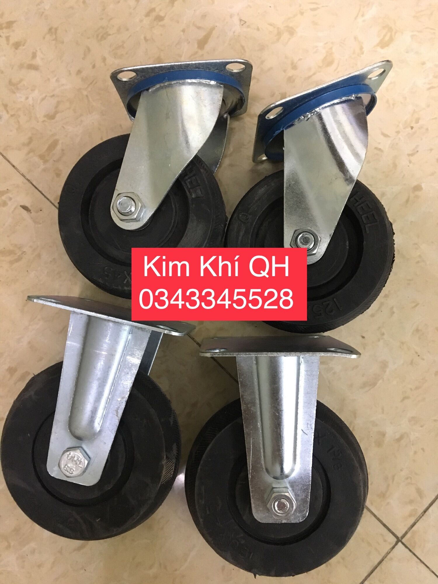 Bộ 4 Bánh xe cao su 125x45mm- chuyên lắp xe đẩy hàng - xe giáo