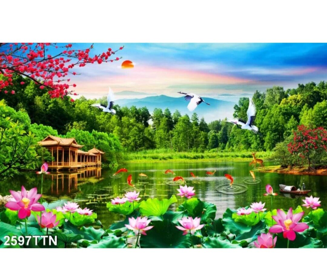 Tranh dán tường sơn thủy hữu tình ngang 220cm cao 120cm