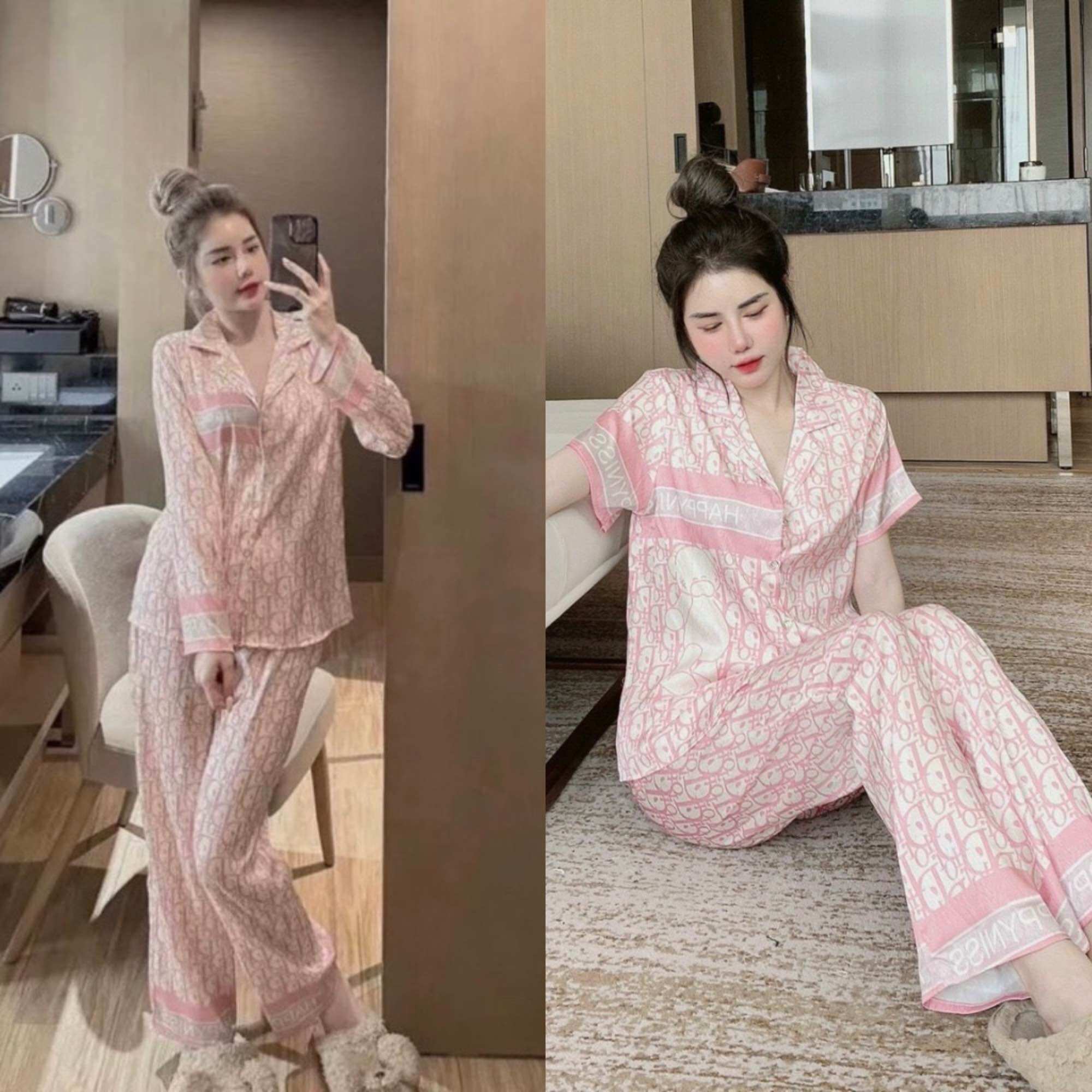 Pijama lụa xước tay ngắn tay dài màu hồng cúc đính đá hottrend 2023