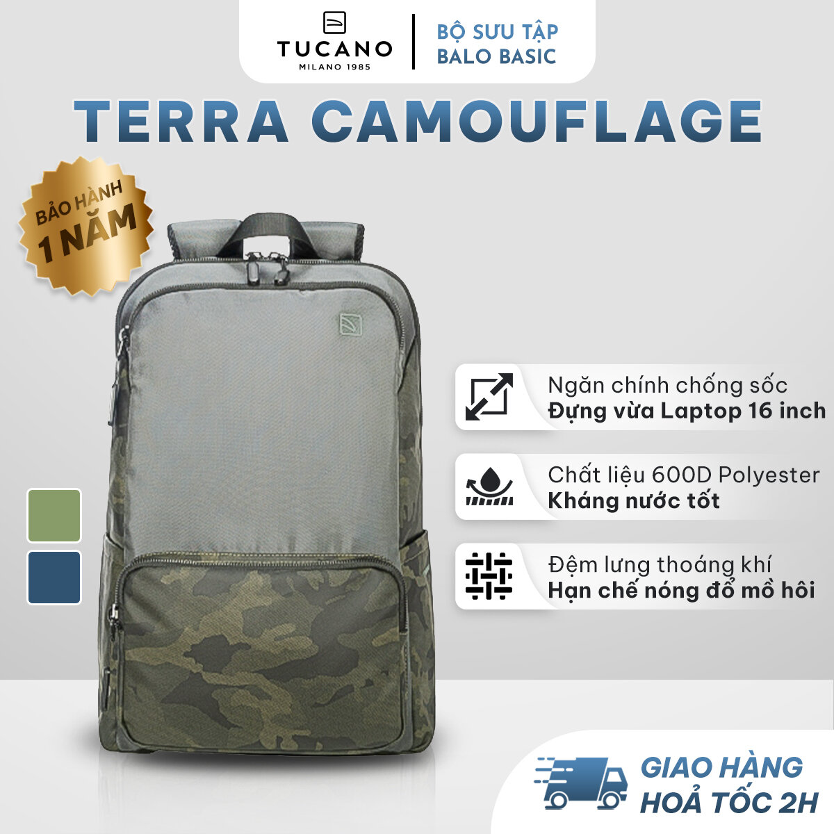 Balo laptop nam nữ tucano terra camouflage 16 inch - thiết kế kháng sốc bảo vệ thiết bị, bền đẹp, kháng nước