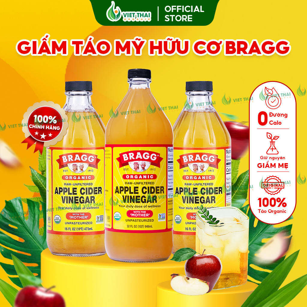 Giấm Táo Hữu Cơ Bragg Có Giấm Cái Nhập Chính Hãng Mỹ Thức Uống Hỗ Trợ Giảm Cân Ăn Kiêng Eatclean Đẹp Dáng (Việt Thái Organic)