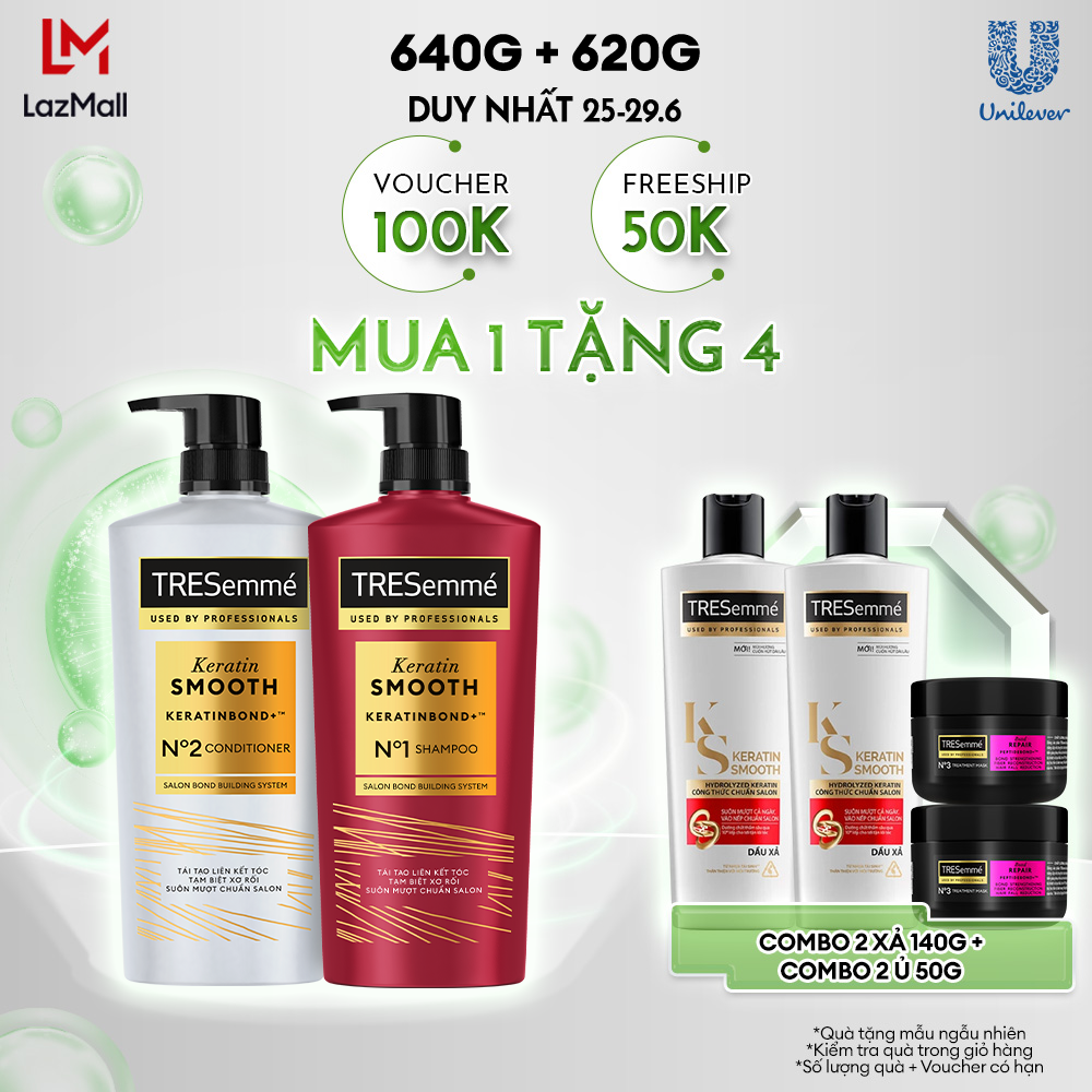 Combo Dầu Gội Và Dầu Xả TRESemmé Keratin Smooth Keratinbond+ Cho Tóc Khô Xơ Rối Vào Nếp Suôn Mượt 640g, 620g