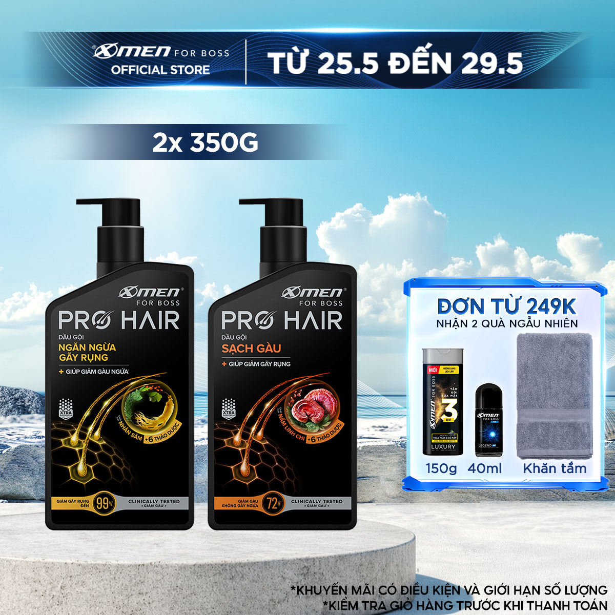 Combo 2 Dầu gội thảo dược Xmen for Boss Pro Hair Ngăn gãy rụng tóc 350g/Sạch Gàu 350g