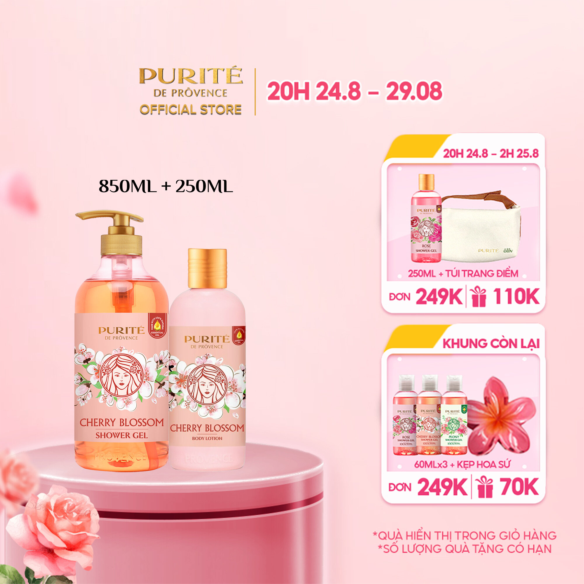 Combo sữa tắm purité hoa anh đào 850ml + sữa dưỡng thể purité hoa anh đào 250ml