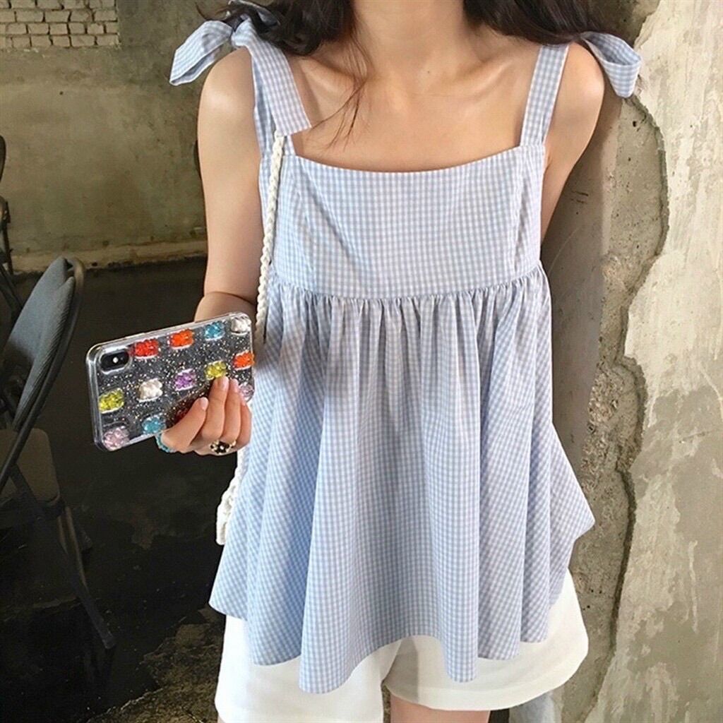 Set áo 2 dây caro babydoll buộc nơ vai kẻ xanh kèm quần sooc -Áo kẻ xanh buộc nơ vai - Set áo kẻ caro xanh bánh bèo