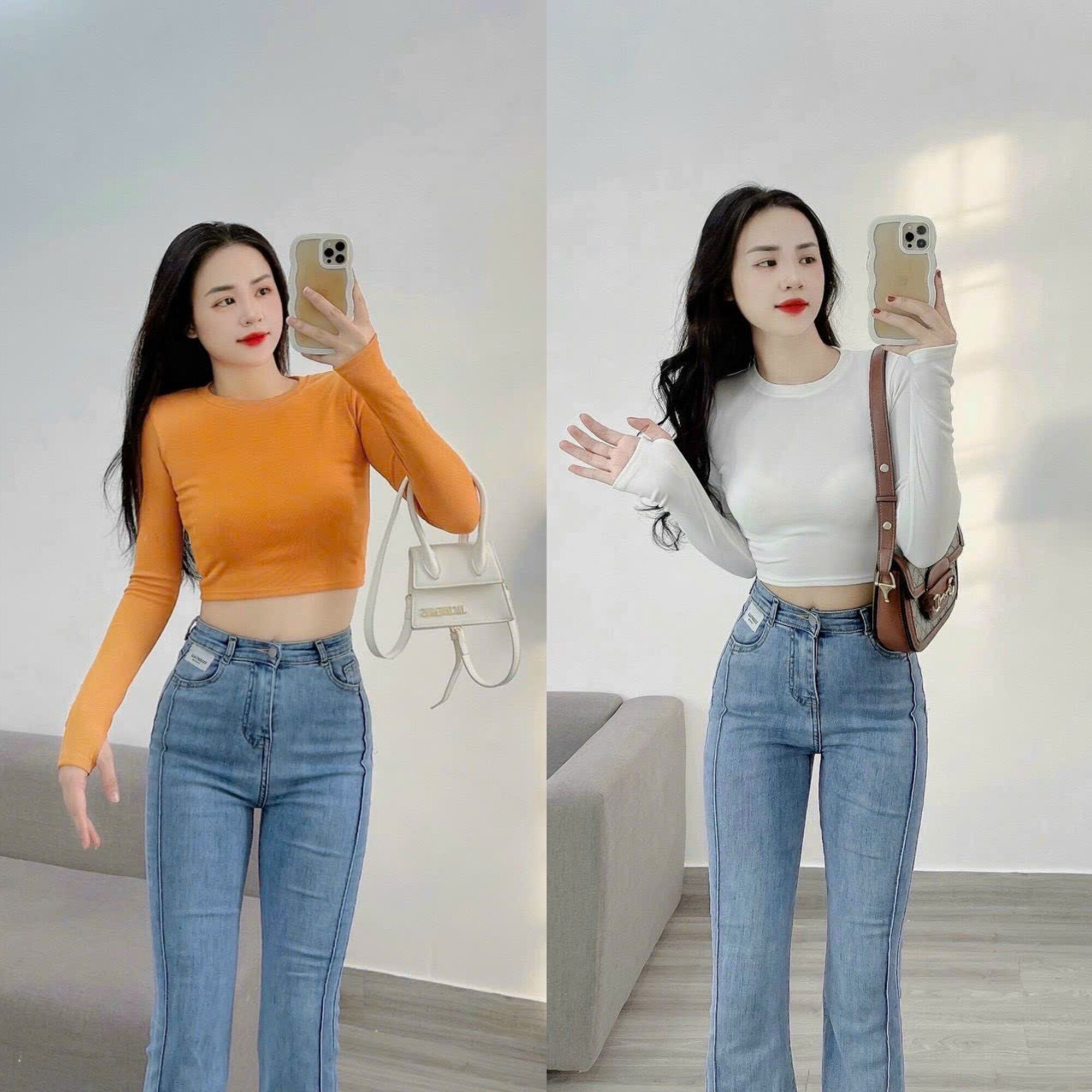 Áo thun dáng ôm nữ Croptop cổ tròn tay dài xỏ ngón ( tăm TD C.H )