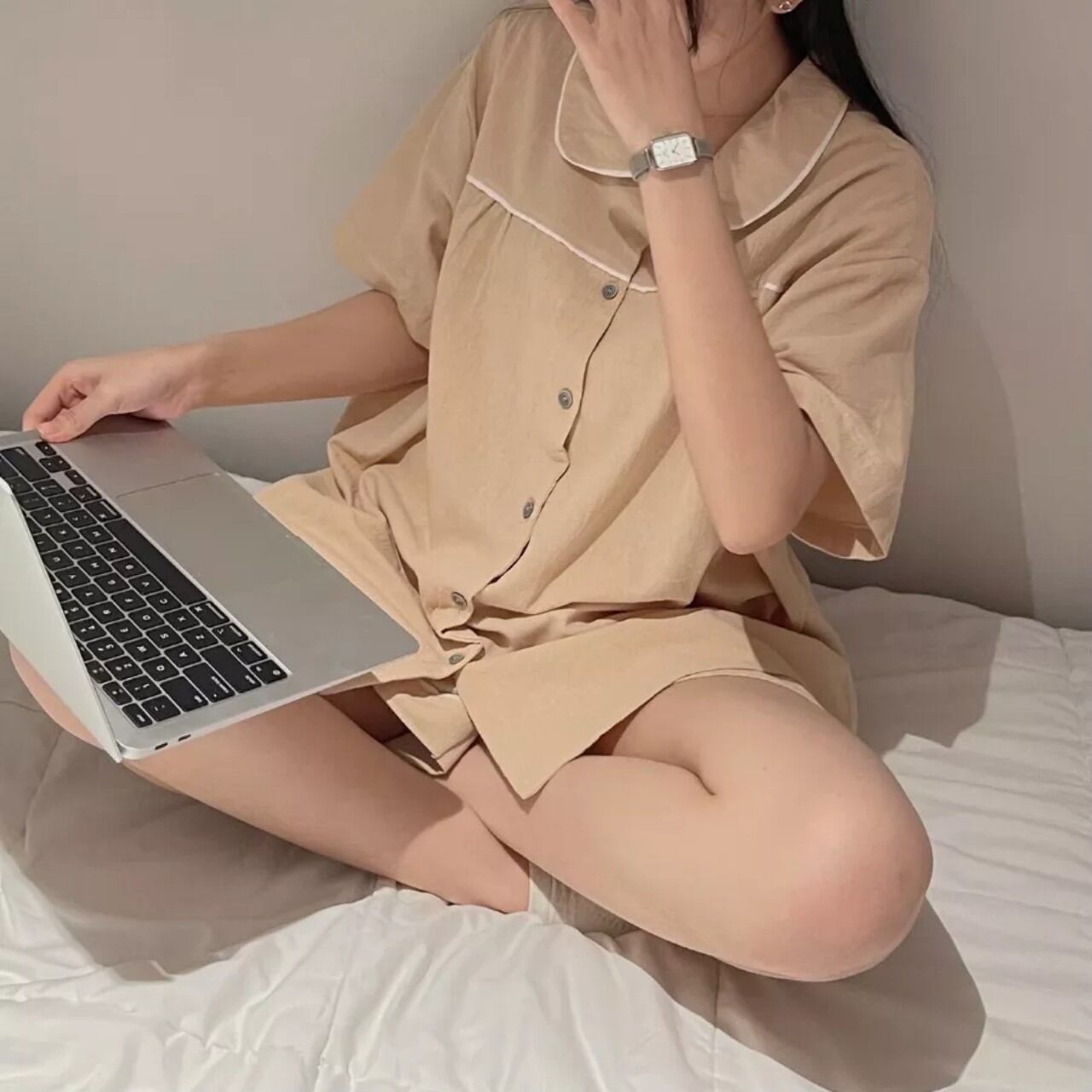 Sét bộ đùi Pyjama xốp cổ sen