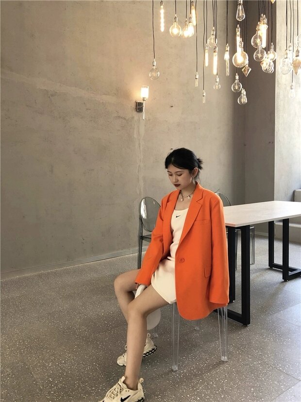 Áo blazer nữ dài tay cúc bọc cam QUYNH DESIGN, thiết kế thanh lịch, trẻ trung