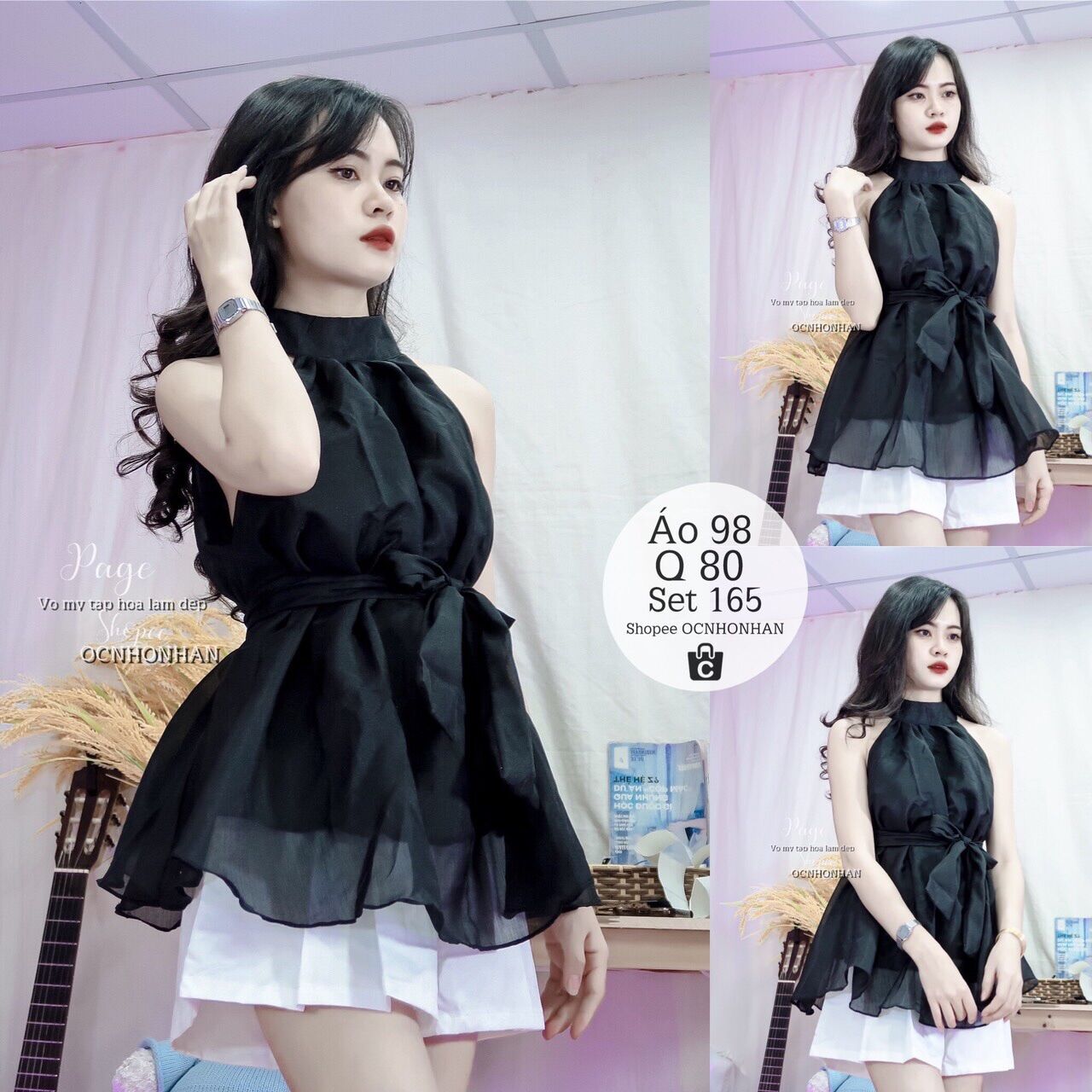 Set áo yếm kèm dây cột eo phối quần short xếp ly