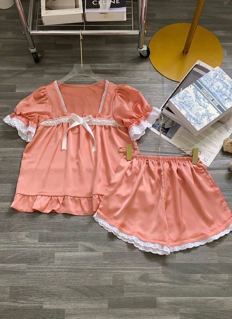Đồ bộ tiểu thư phối ren chất satin lụa mặc nhà mát